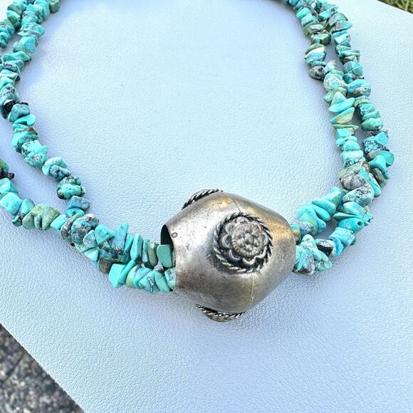 Vintage Turquoise Nugget Double Strand Necklace Silver Ethnic Tibetan Nepal - Picture 5 of 7